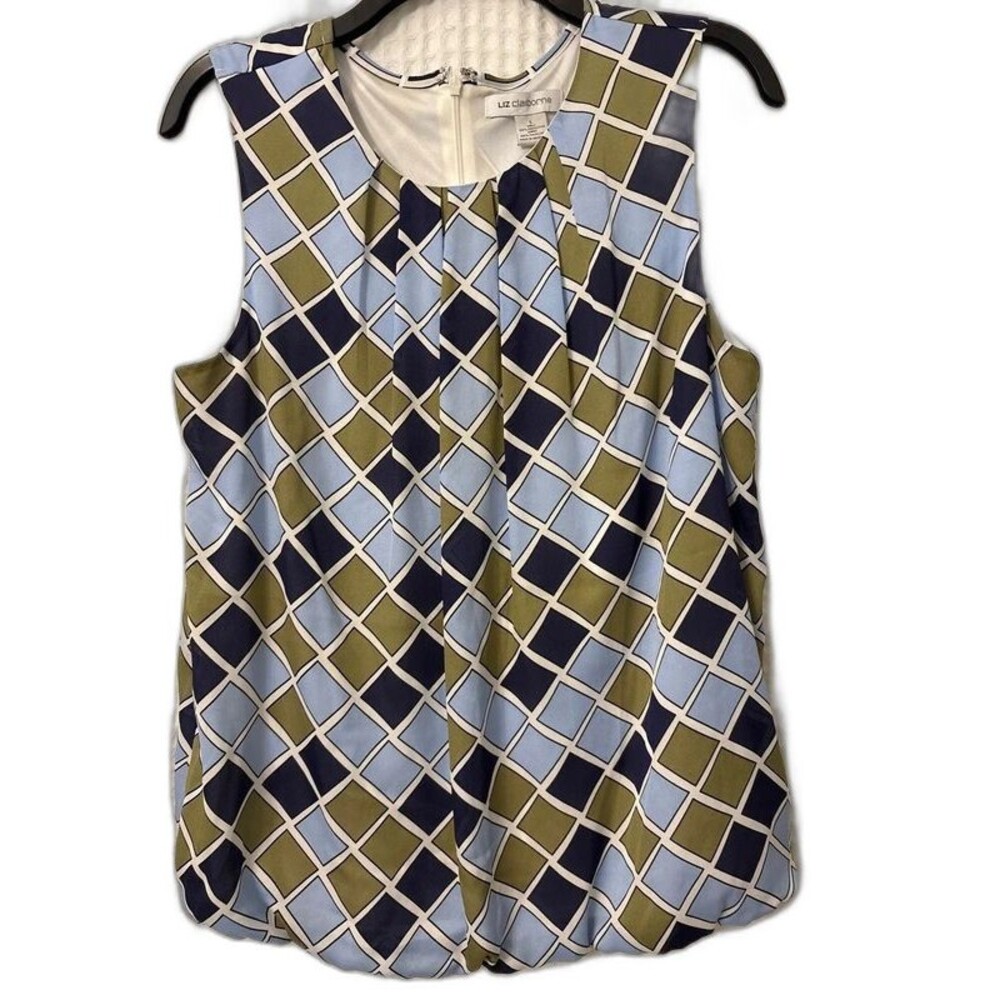 Liz Claiborne Sleeveless Blouse L Geometric Diamond Print Navy Blue Green